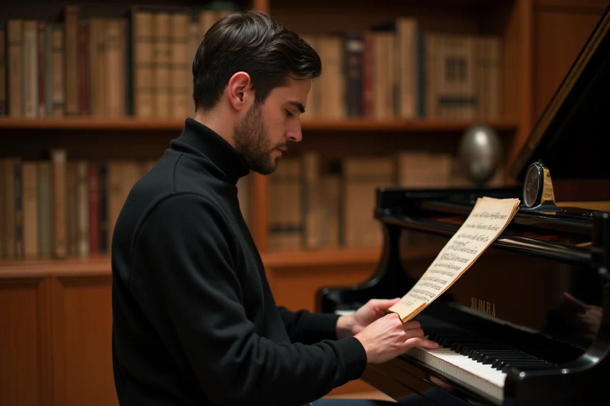 Pianiste français en répétition dans un studio de musique classique avec partition manuscrite
