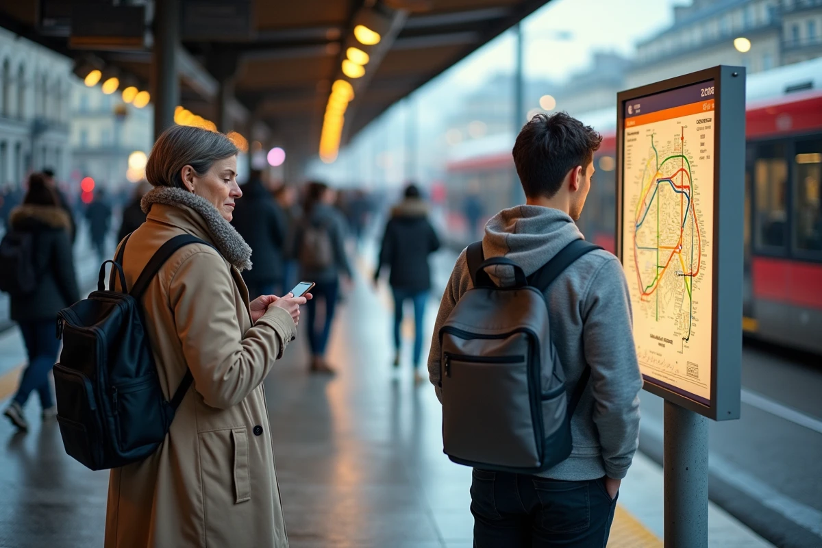 Voyageurs consultant le plan du réseau tramway de Bordeaux avec extensions 2026 à un arrêt de tramway