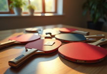 Variété de raquettes de tennis de table sur une table en bois avec prix