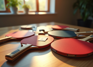 Comment sélectionner la raquette de ping-pong optimale en fonction du prix ? Variété de raquettes de tennis de table sur une table en bois avec prix