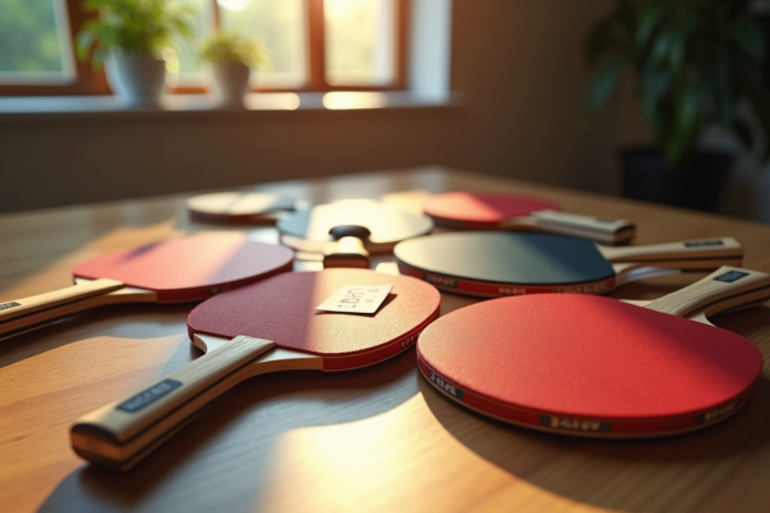 Variété de raquettes de tennis de table sur une table en bois avec prix