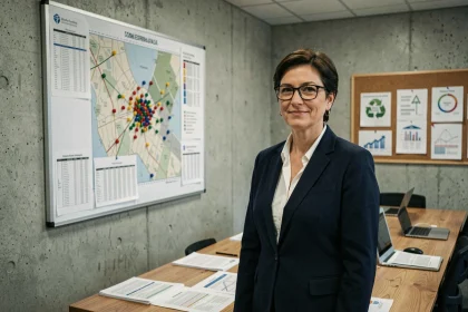 Professionnelle de l'énergie analysant une carte de planification écologique locale dans une salle de réunion municipale