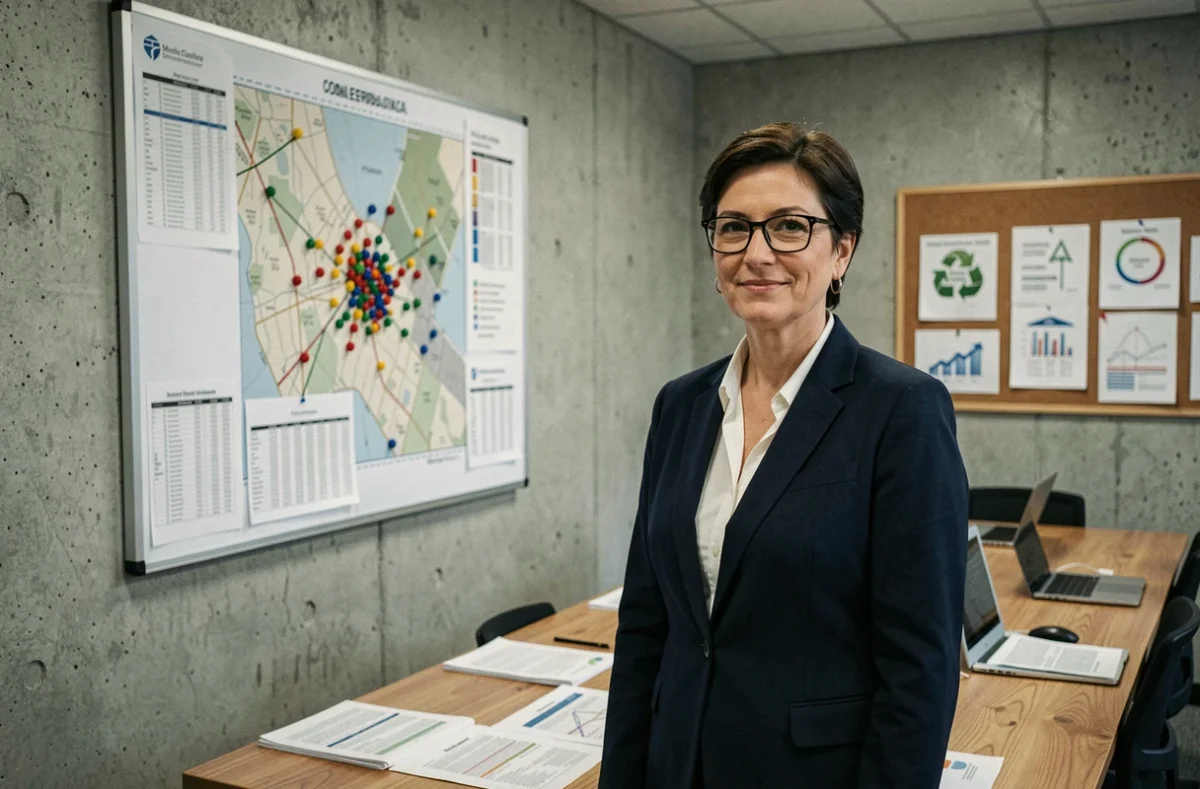 Professionnelle de l'énergie analysant une carte de planification écologique locale dans une salle de réunion municipale