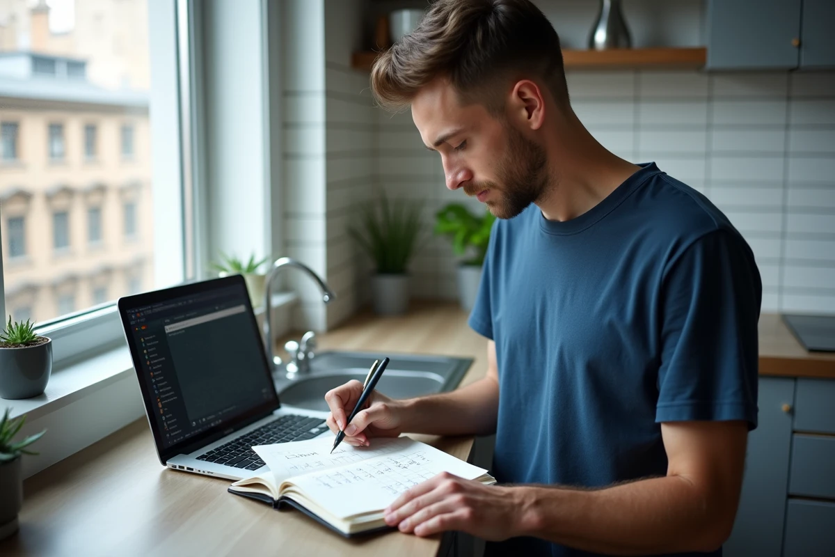 Homme planifiant son temps de jeu sur League of Legends dans un carnet hebdomadaire posé sur un comptoir de cuisine, avec un outil de suivi de session visible sur laptop