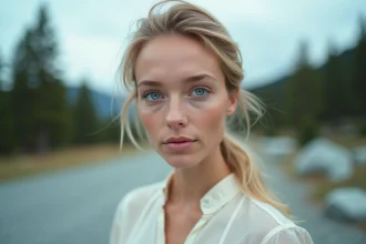 Portrait en gros plan d'une femme scandinave aux yeux bleus intenses, fond naturel nordique flou