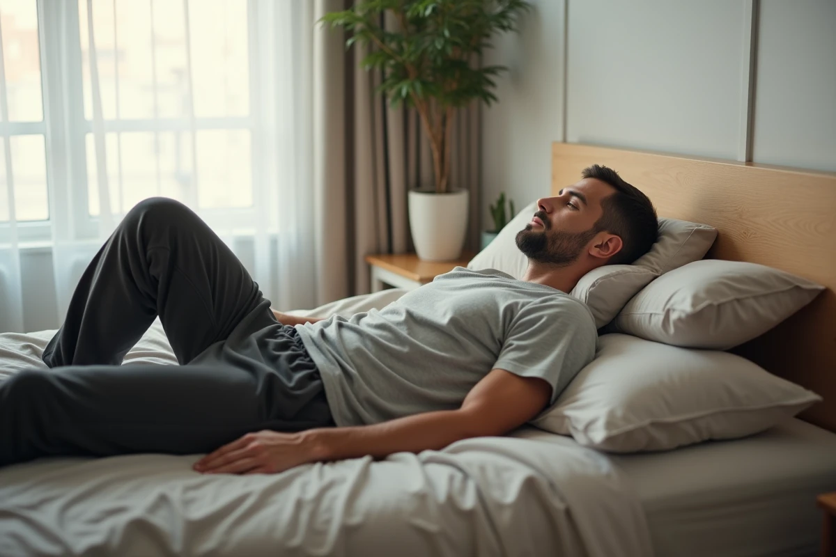 Homme allongé sur le dos avec un coussin sous les genoux pour soulager les douleurs dorsales dans une chambre épurée