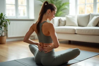 Femme pratiquant des étirements pour soulager les douleurs lombaires sur un tapis de yoga dans un salon lumineux