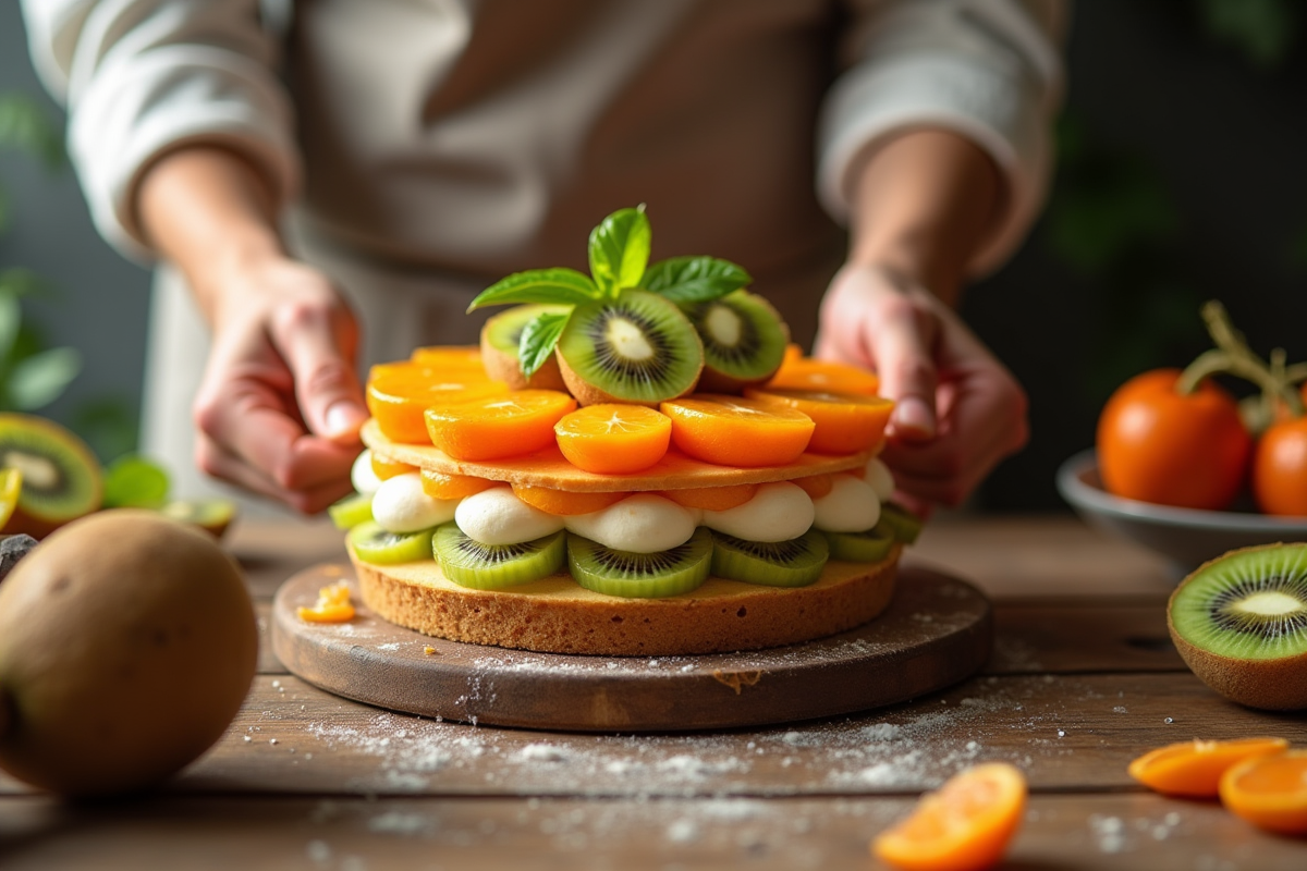 Baker préparant un dessert aux fruits sur une table en bois