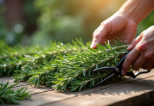 Préparation de romarin pour propagation avec ciseaux sur table