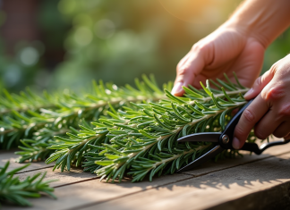 Préparation de romarin pour propagation avec ciseaux sur table