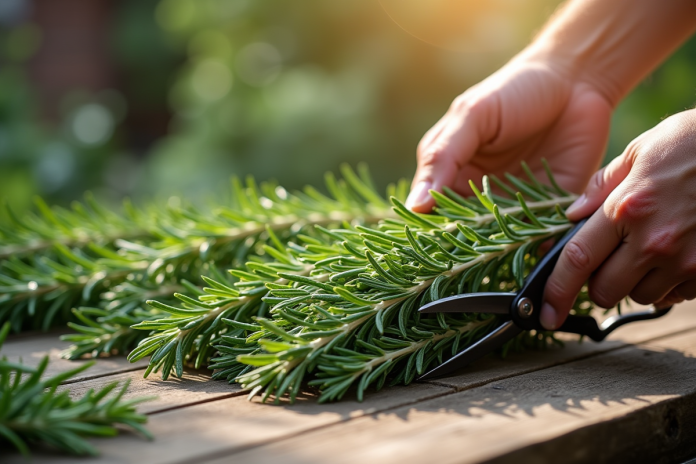 Préparation de romarin pour propagation avec ciseaux sur table