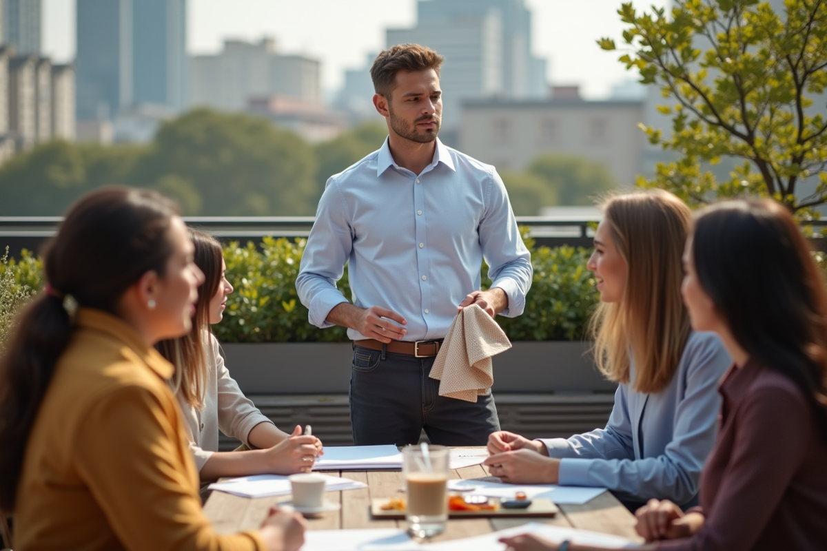 Jeune homme mode présentant échantillons tissu en terrasse