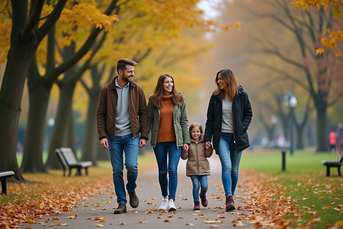 Famille en promenade dans un parc urbain en automne