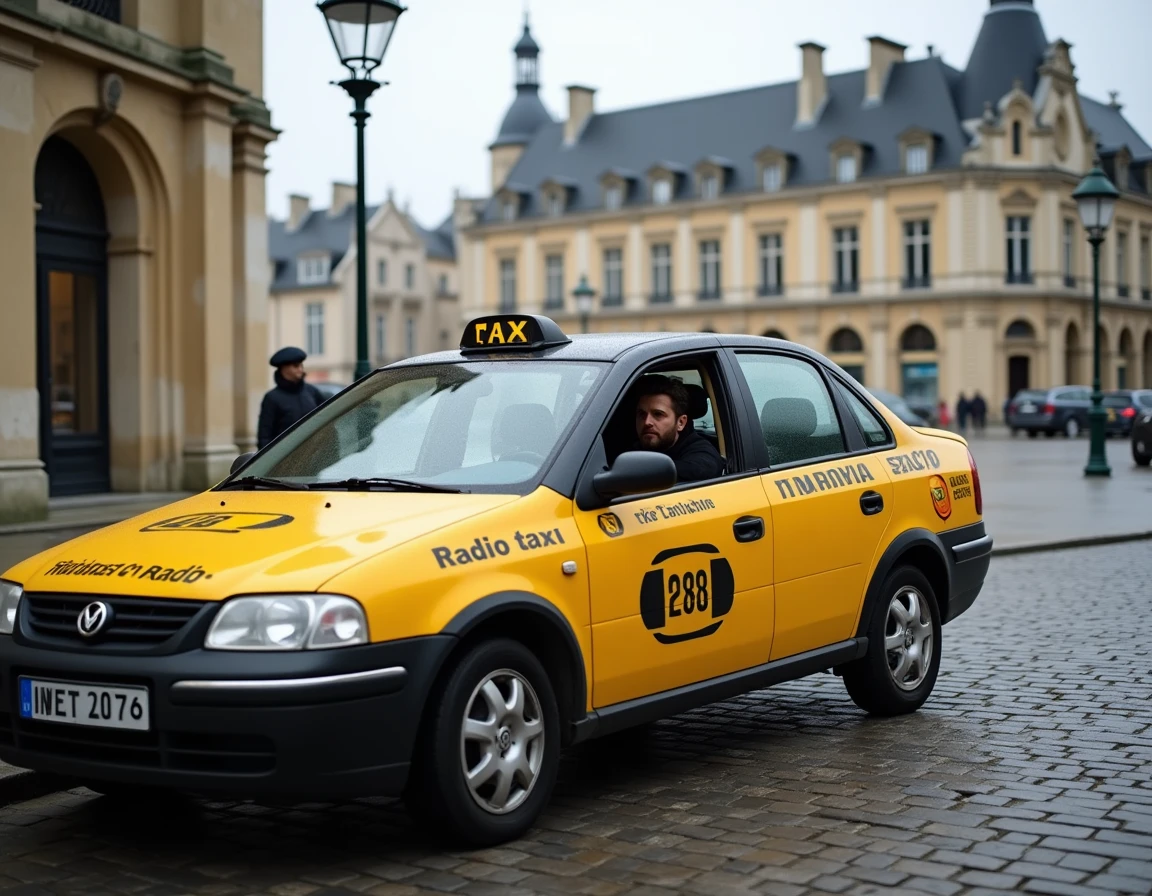 Taxi radio jaune et noir stationné sur une place centrale de Poitiers avec la façade médiévale du Palais de Justice en arrière-plan