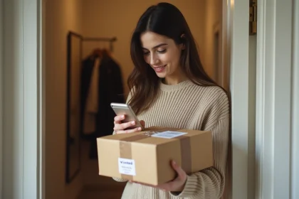 Femme tenant un colis Vinted devant sa porte en consultant son téléphone pour vérifier le délai de remboursement