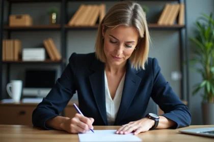 Femme professionnelle rédigeant l'adresse d'une enveloppe avec le nom de l'entreprise sur un bureau en bois