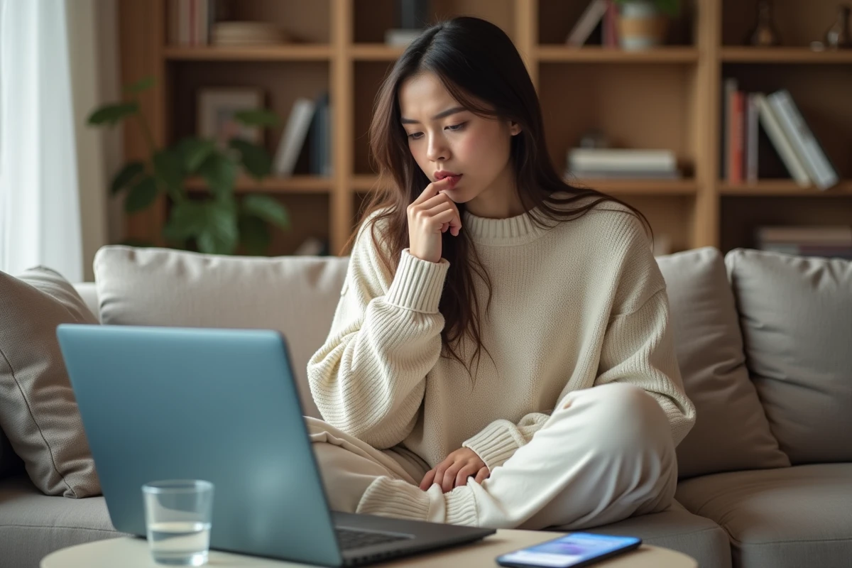 Jeune femme analysant son temps de jeu sur League of Legends via son ordinateur portable et une application de suivi du temps d'écran sur smartphone