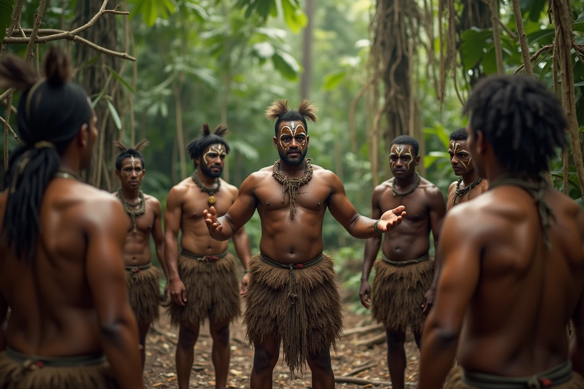 Rassemblement de résistants kanak dans la jungle calédonienne, scène historique évoquant la lutte contre la colonisation française au XIXe siècle