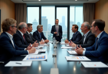 Groupe de professionnels discutant de documents économiques