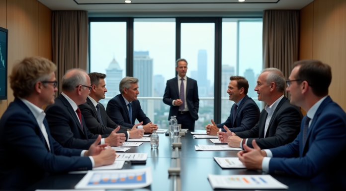 Groupe de professionnels discutant de documents économiques