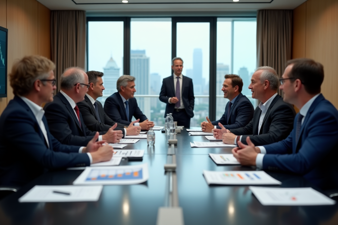 Groupe de professionnels discutant de documents économiques
