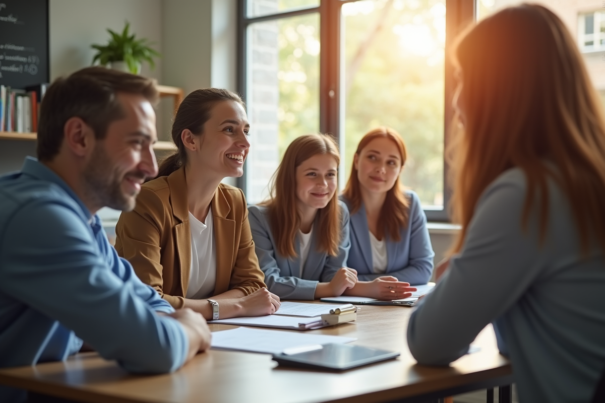 Equipe éducative en réunion dans une salle moderne bien éclairée