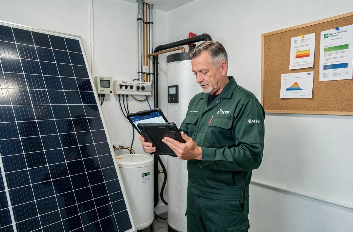Ingénieur de Ruaux Technique Energie RTE analysant un audit énergétique devant une installation solaire thermique et un ballon tampon dans une chaufferie moderne