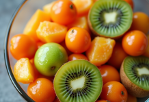 Salade de fruits frais avec kiwi kumquat et kaki vue de dessus