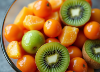 Comment préparer un dessert à base de fruits en K? Salade de fruits frais avec kiwi kumquat et kaki vue de dessus