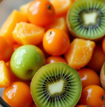 Salade de fruits frais avec kiwi kumquat et kaki vue de dessus