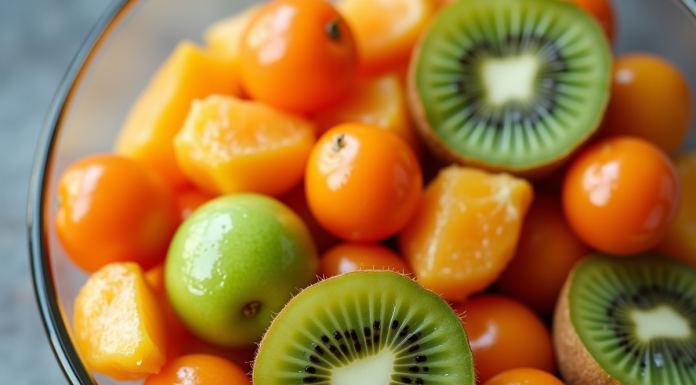 Salade de fruits frais avec kiwi kumquat et kaki vue de dessus