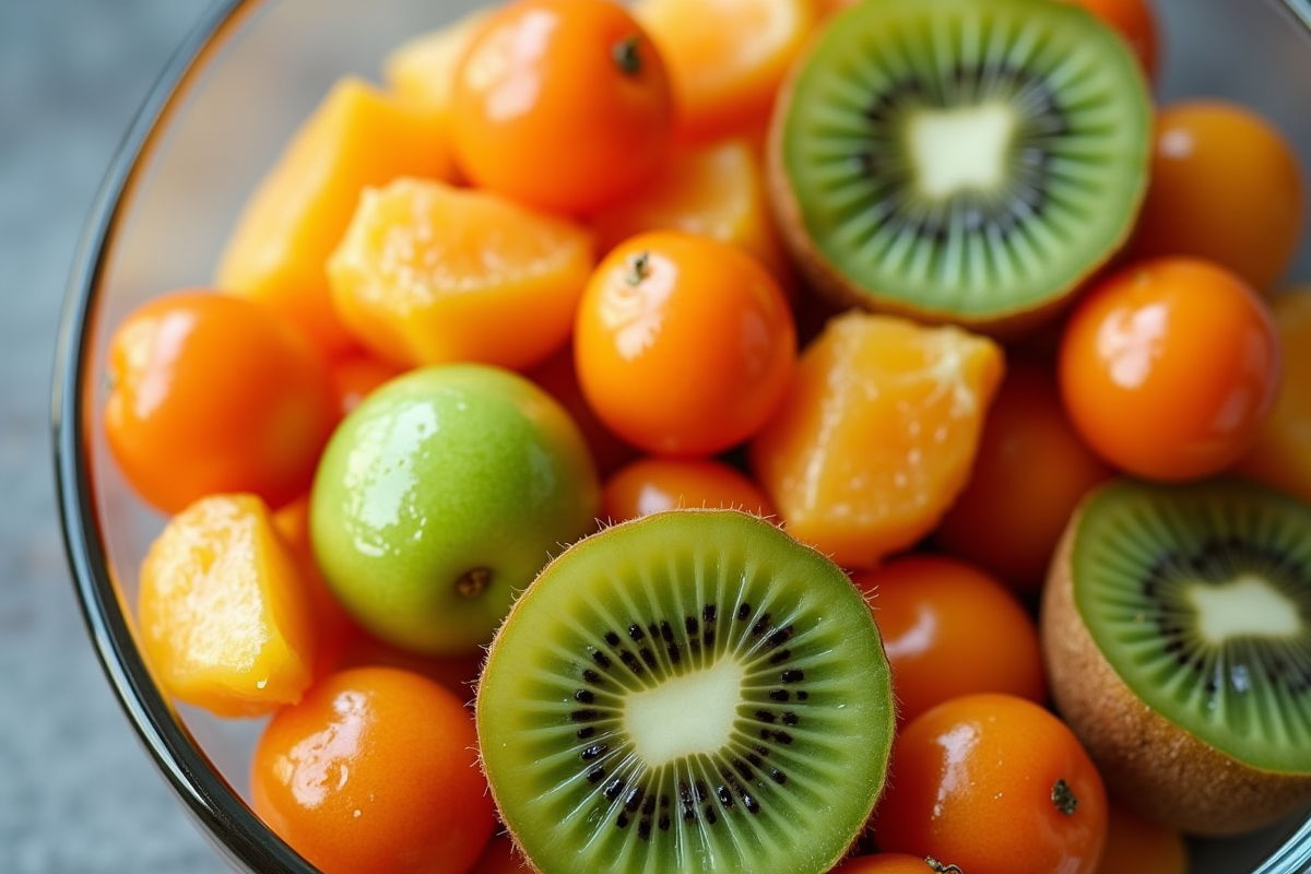 Salade de fruits frais avec kiwi kumquat et kaki vue de dessus