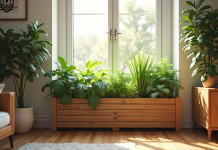 Salon moderne avec grand plantier en bois et lumière naturelle