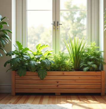 Salon moderne avec grand plantier en bois et lumière naturelle