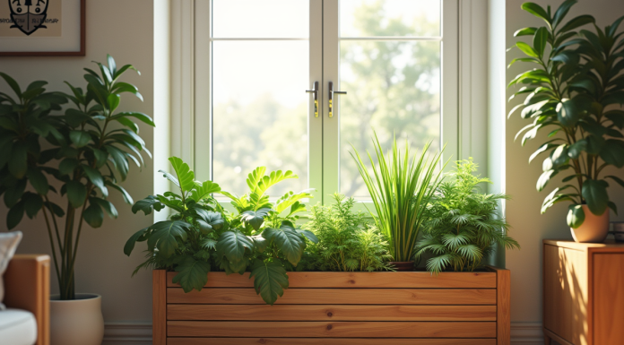 Salon moderne avec grand plantier en bois et lumière naturelle