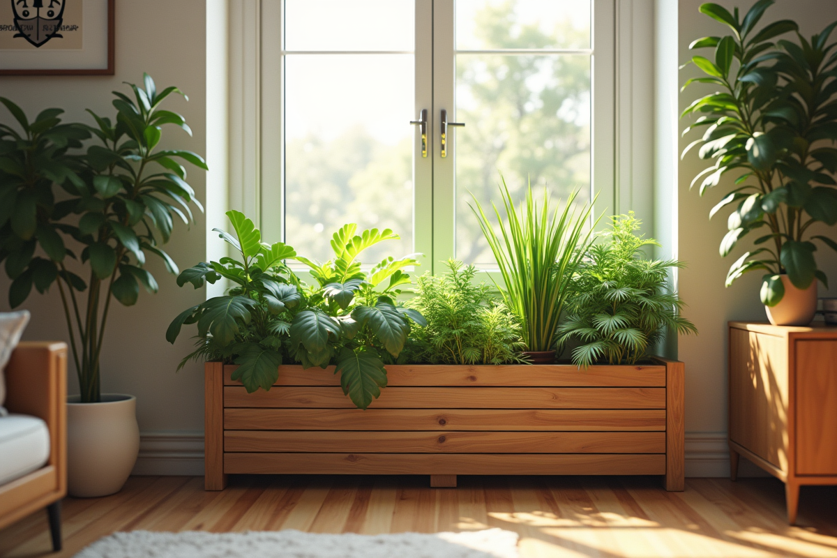 Salon moderne avec grand plantier en bois et lumière naturelle