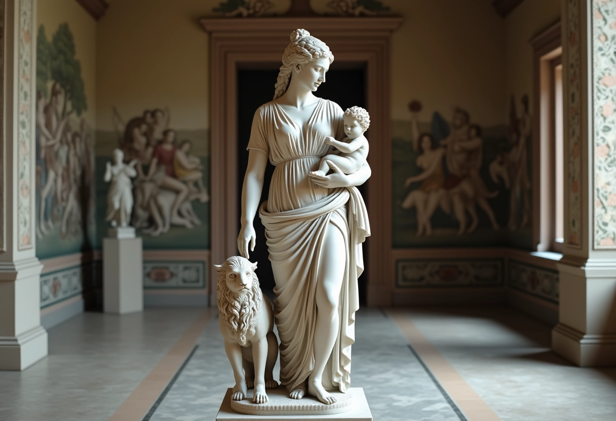 Statue d Artemis tenant un enfant dans un hall antique
