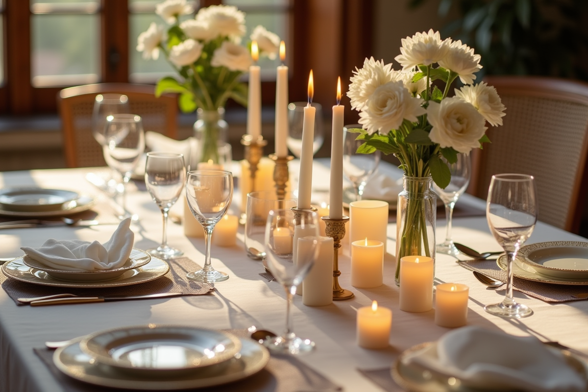 Table élégante pour anniversaire avec bougies et fleurs blanches
