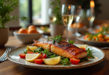 Table élégante avec poisson rôti et légumes colorés