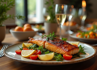 Table élégante avec poisson rôti et légumes colorés