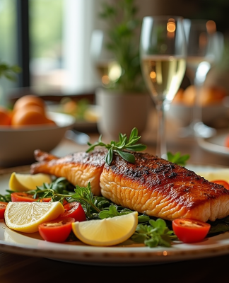 Table élégante avec poisson rôti et légumes colorés