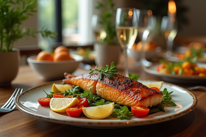 table-diner-poisson-frais Table élégante avec poisson rôti et légumes colorés