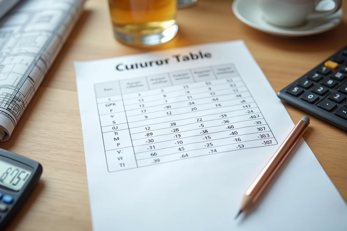 Tableau de conversion litres en mètres cubes imprimé avec calculatrice et plans sur un bureau en bois