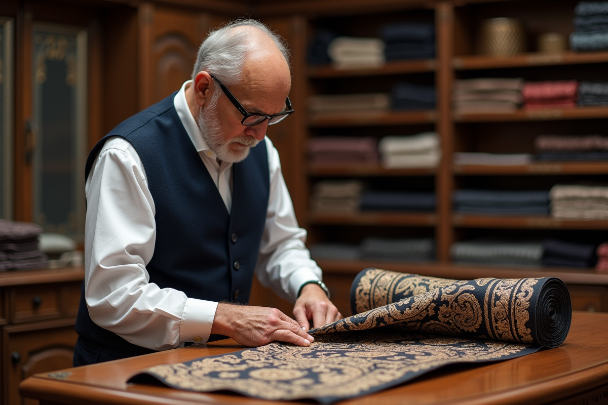 Tailleur âgé inspectant un tissu brocade dans une boutique raffinée
