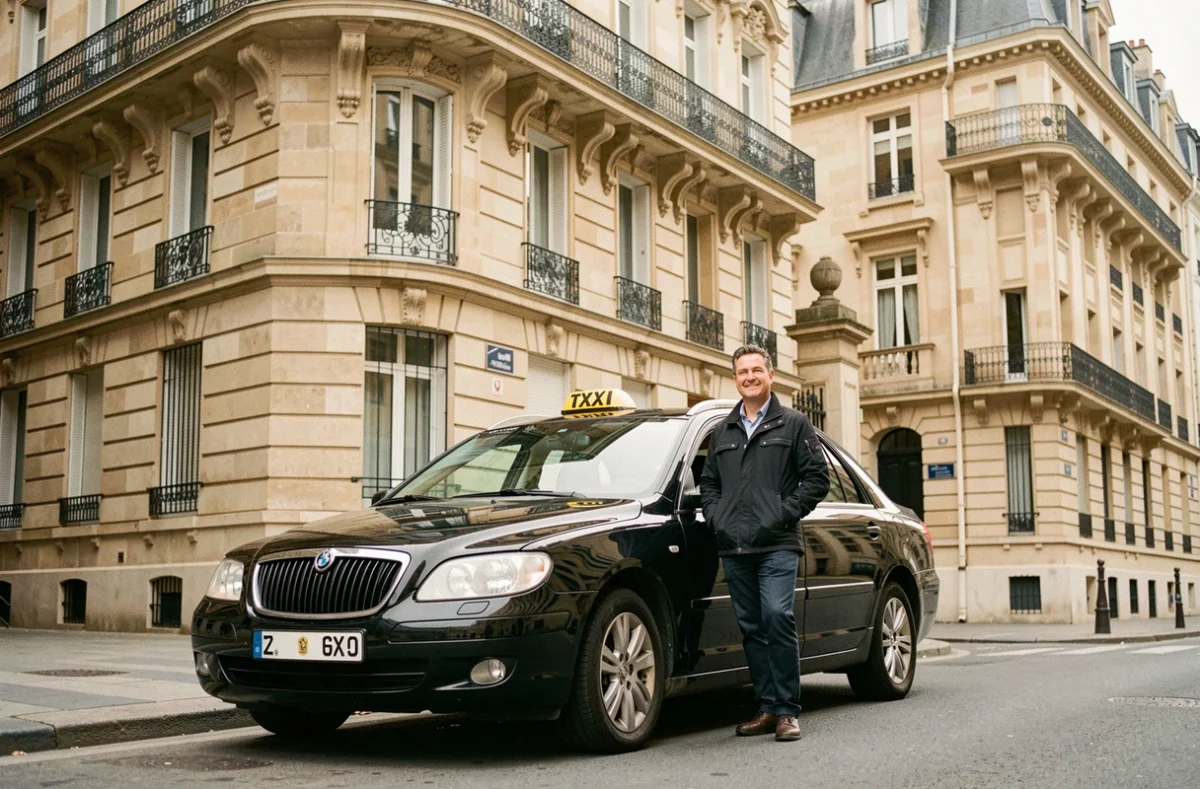 Chauffeur de taxi élégant devant sa berline noire dans les rues haussmanniennes du quartier Montesquieu à Bordeaux