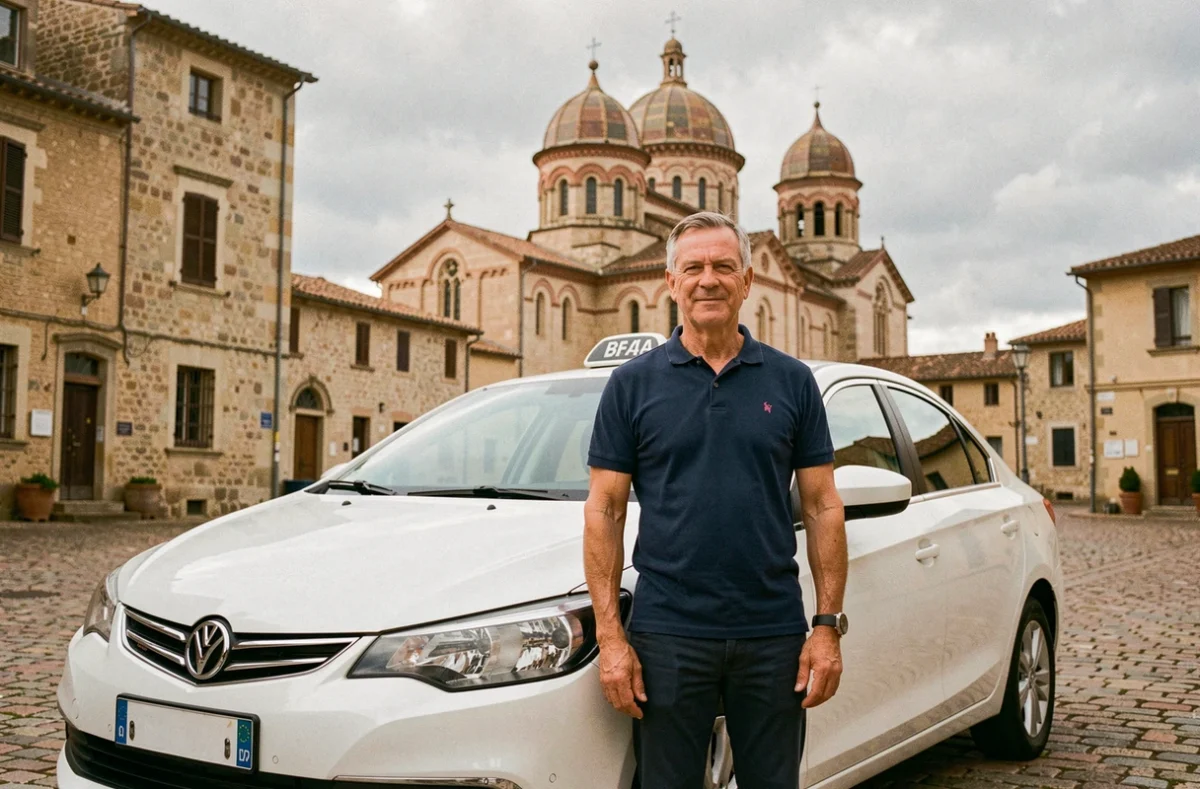 Chauffeur de taxi professionnel devant sa berline blanche sur une place pavée de Périgueux avec la cathédrale Saint-Front en arrière-plan