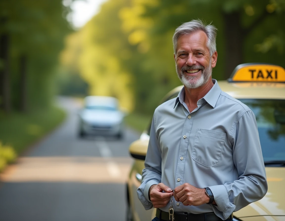 Chauffeur de taxi souriant en Dordogne près de Saint-Vincent-de-Cosse proposant un service de tourisme personnalisé
