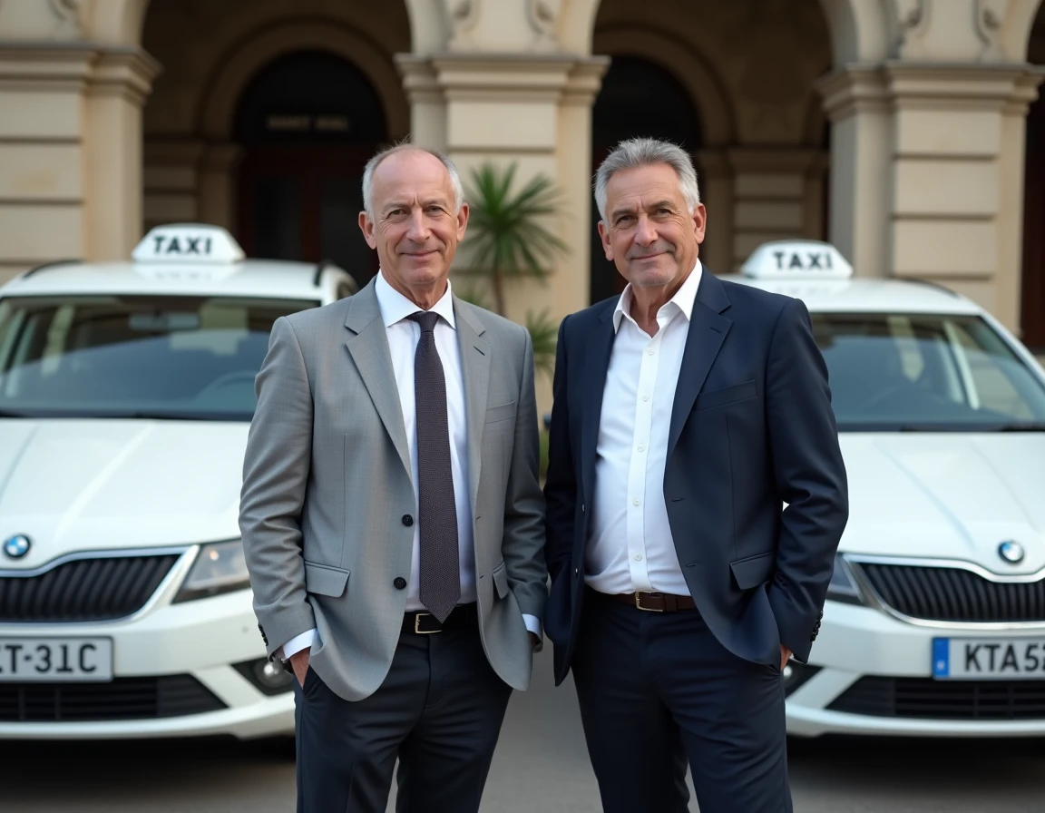 Deux chauffeurs de taxi en tenue professionnelle devant leur flotte de taxis blancs à Bordeaux