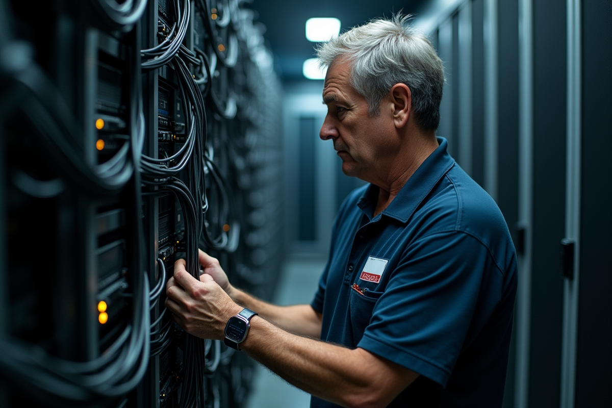 Technicien informatique examine cables dans salle serveurs sombre
