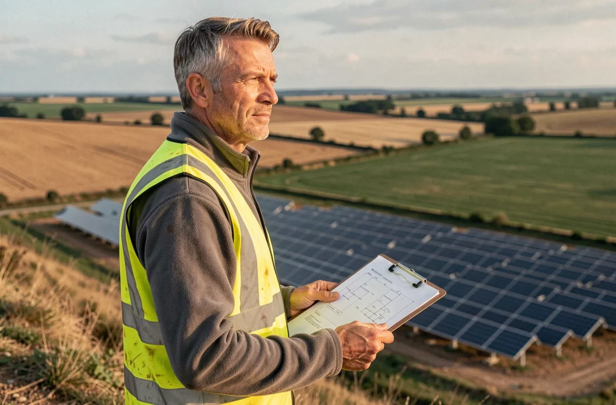 Technicien en énergie renouvelable supervisant l'installation d'un parc solaire dans un territoire rural français